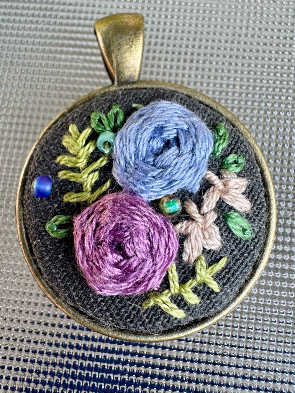 Hand-Embroidered Floral Pendant in Lavender and Blue, Delicate and Feminine